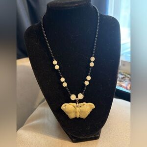 Jade Butterfly Pendant Beaded Necklace Onyx White Jade Beads 16”